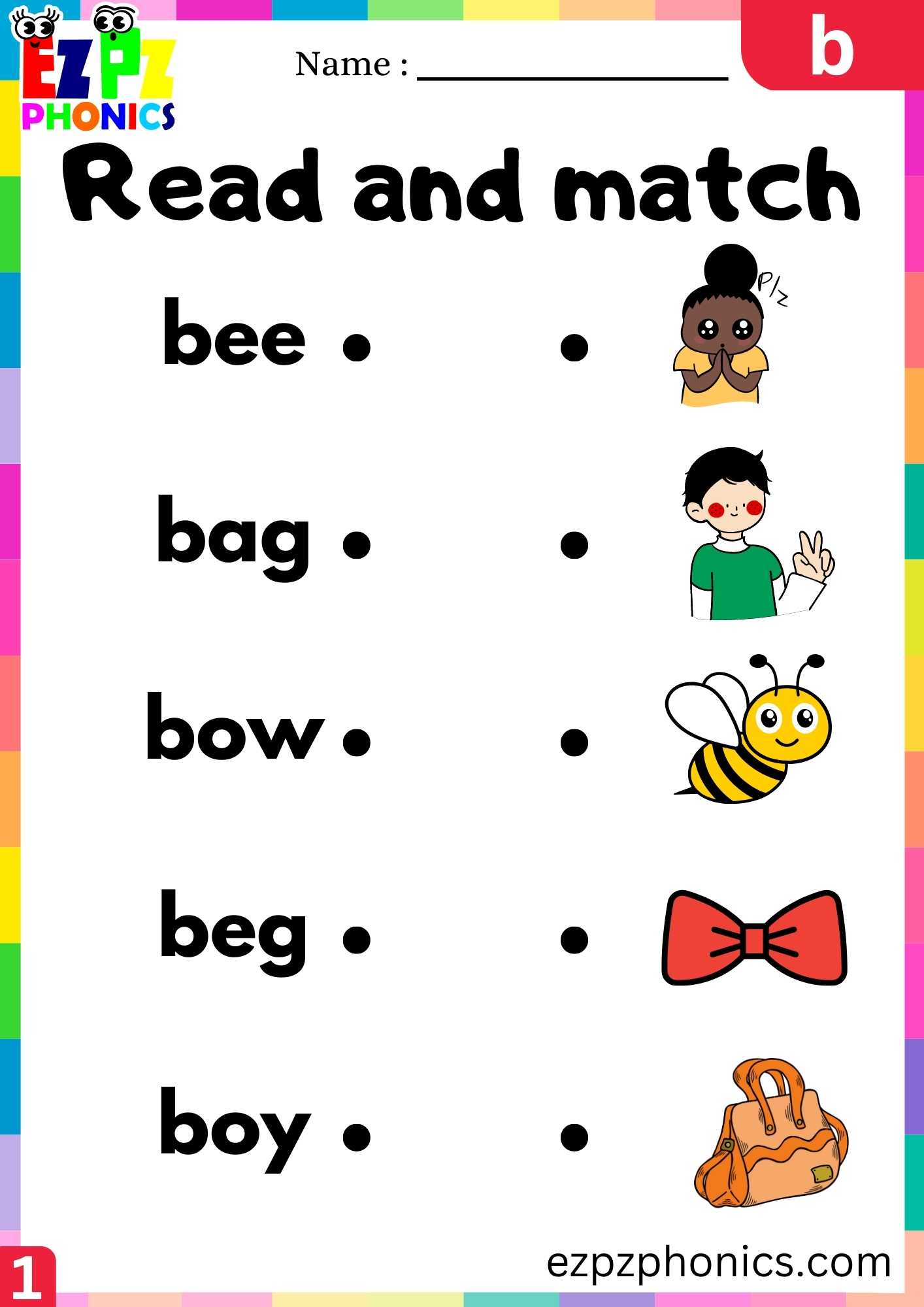 Letter B Read And Match Beginning Sounds Worksheet - Ezpzphonics.com